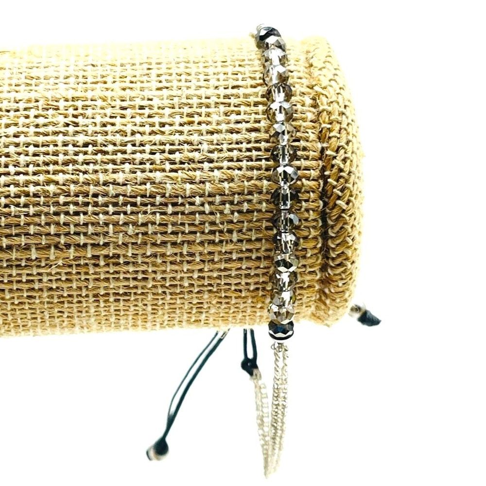 STELLA AND DOT Faceted Bead Bracelet Silver Tone Black Cord